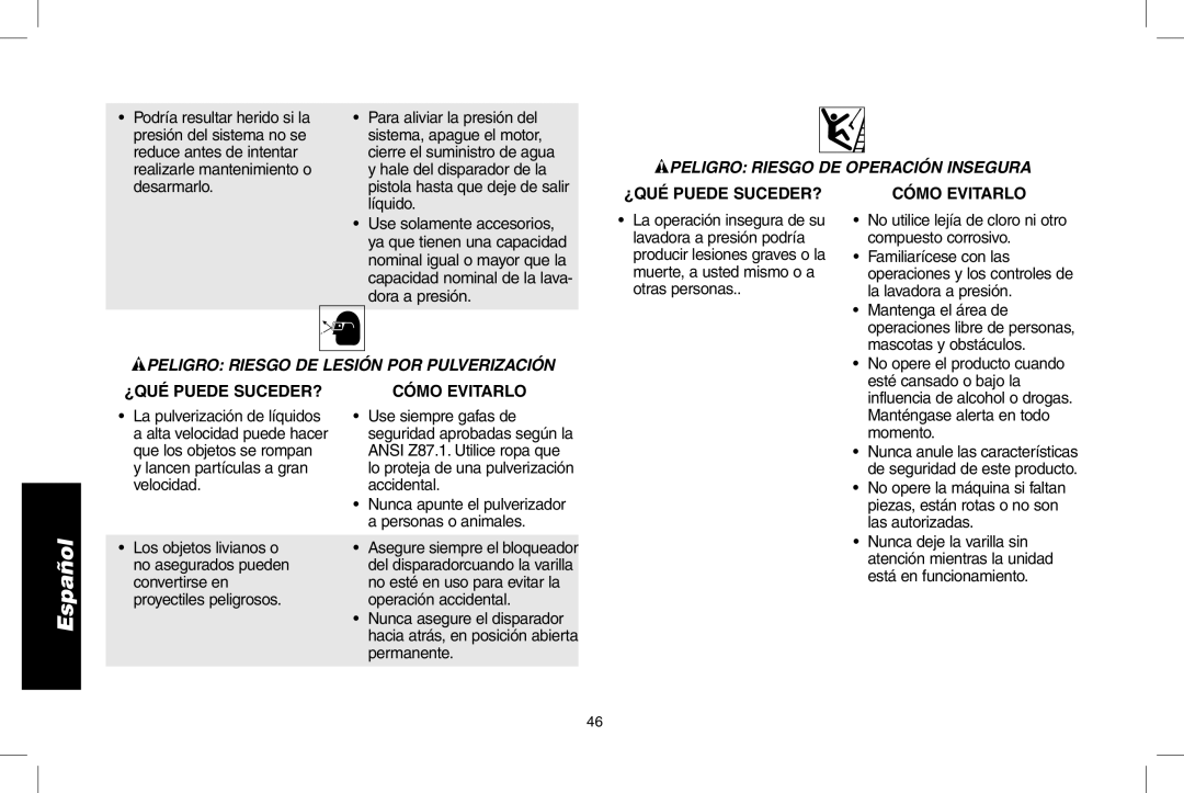 DeWalt DP3700 instruction manual Peligro Riesgo DE Operación Insegura, Peligro Riesgo DE Lesión POR Pulverización 