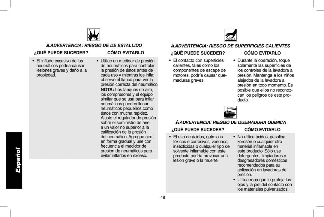 DeWalt DP3700 instruction manual Advertencia Riesgo DE DE Estallido, Advertencia Riesgo DE Superficies Calientes 