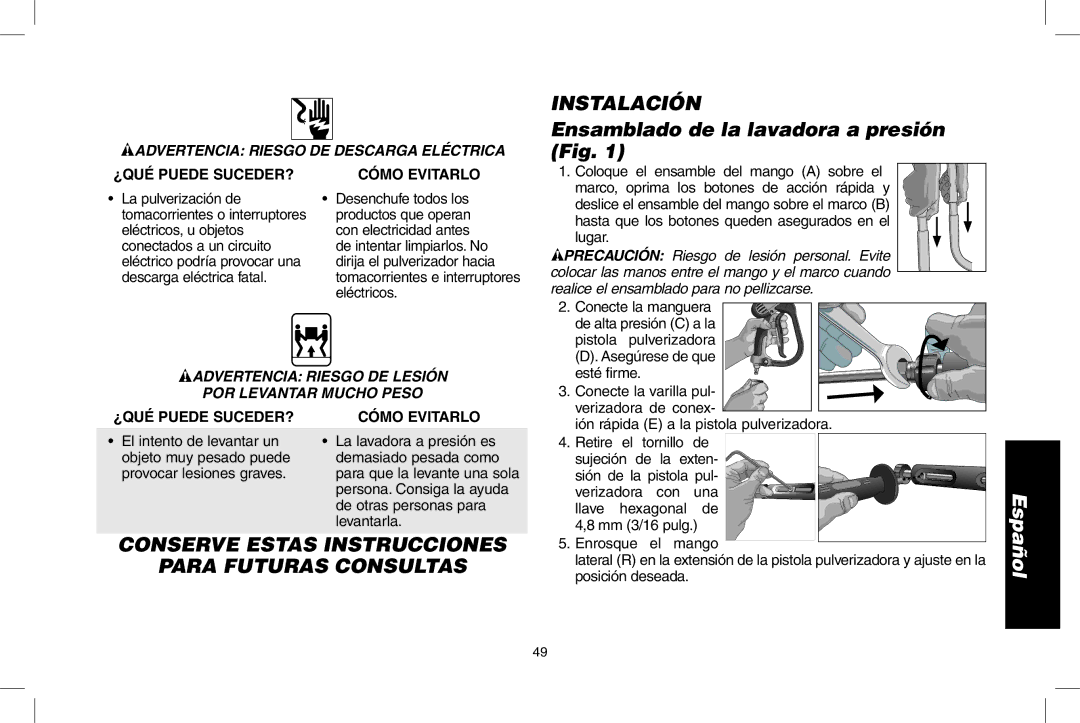 DeWalt DP3700 Instalación, Ensamblado de la lavadora a presión Fig, Conserve Estas Instrucciones Para Futuras Consultas 