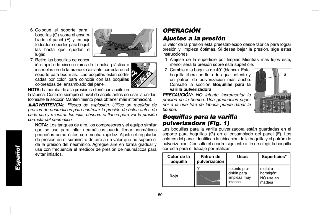 DeWalt DP3700 instruction manual Operación, Ajustes a la presión, Boquillas para la varilla pulverizadora Fig 