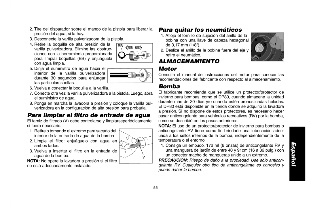 DeWalt DP3700 instruction manual Para limpiar el ﬁltro de entrada de agua, Para quitar los neumáticos, Almacenamiento 