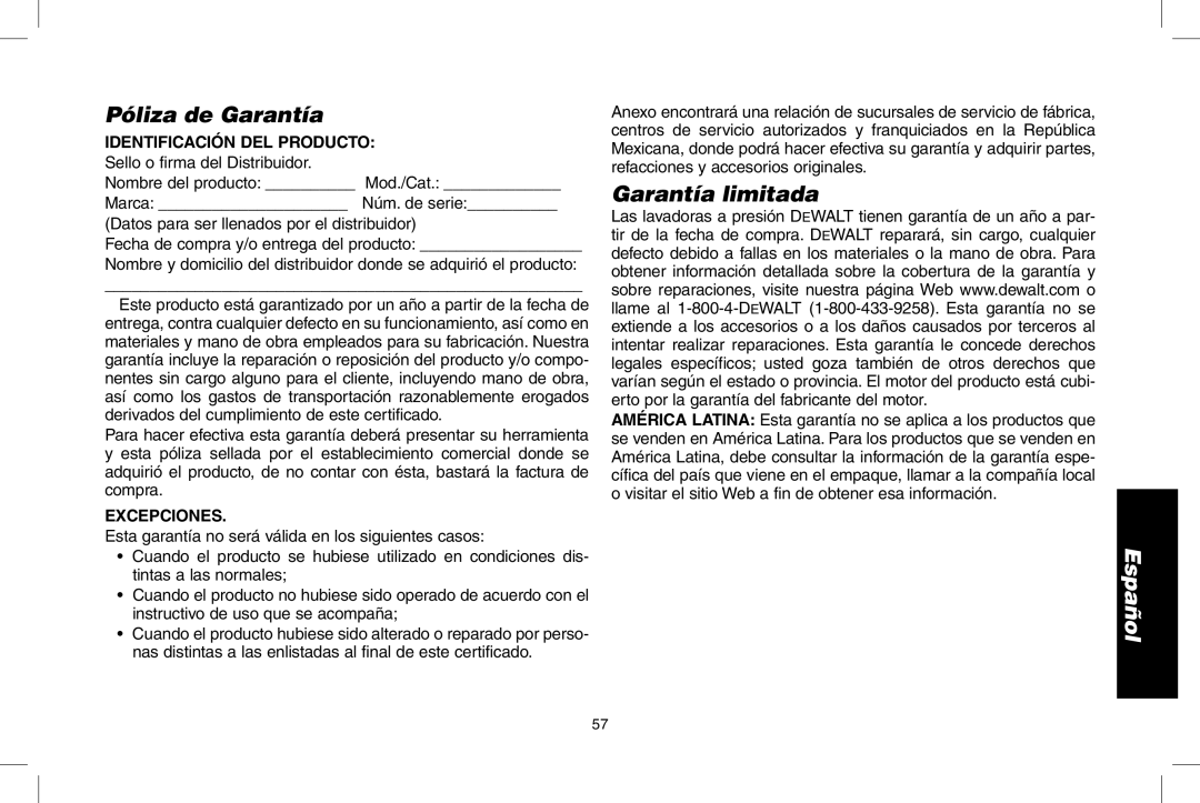 DeWalt DP3700 instruction manual Póliza de Garantía, Garantía limitada, Identificación DEL Producto, Excepciones 