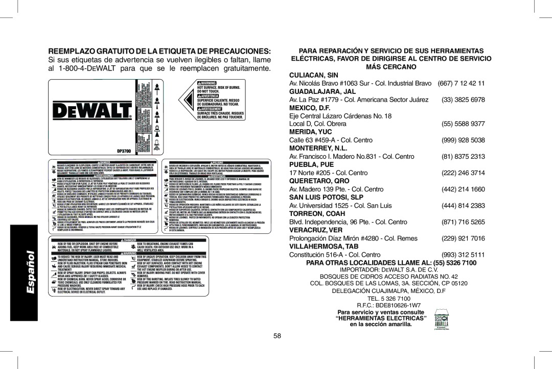 DeWalt DP3700 instruction manual Culiacan, Sin 