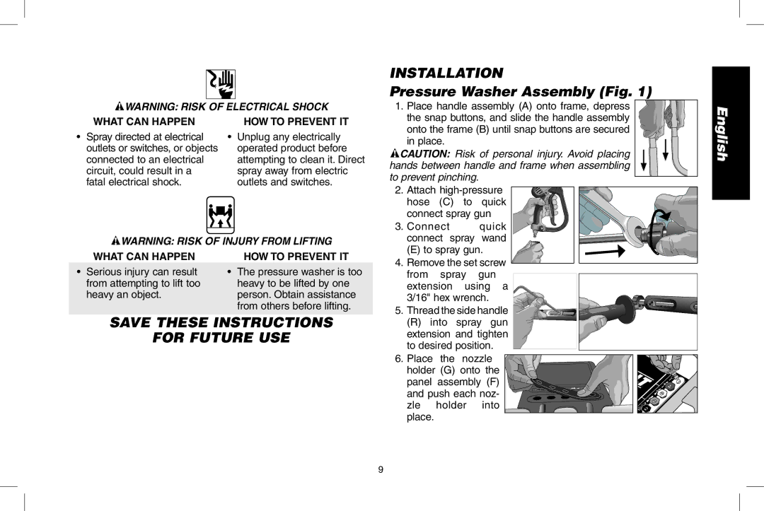 DeWalt DP3700 instruction manual Installation, Pressure Washer Assembly Fig, For Future USE 