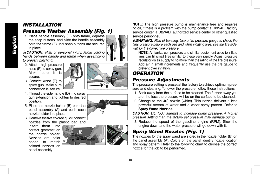 DeWalt DPD3100 Installation, Pressure Washer Assembly Fig, Operation, Pressure Adjustments, Spray Wand Nozzles Fig 