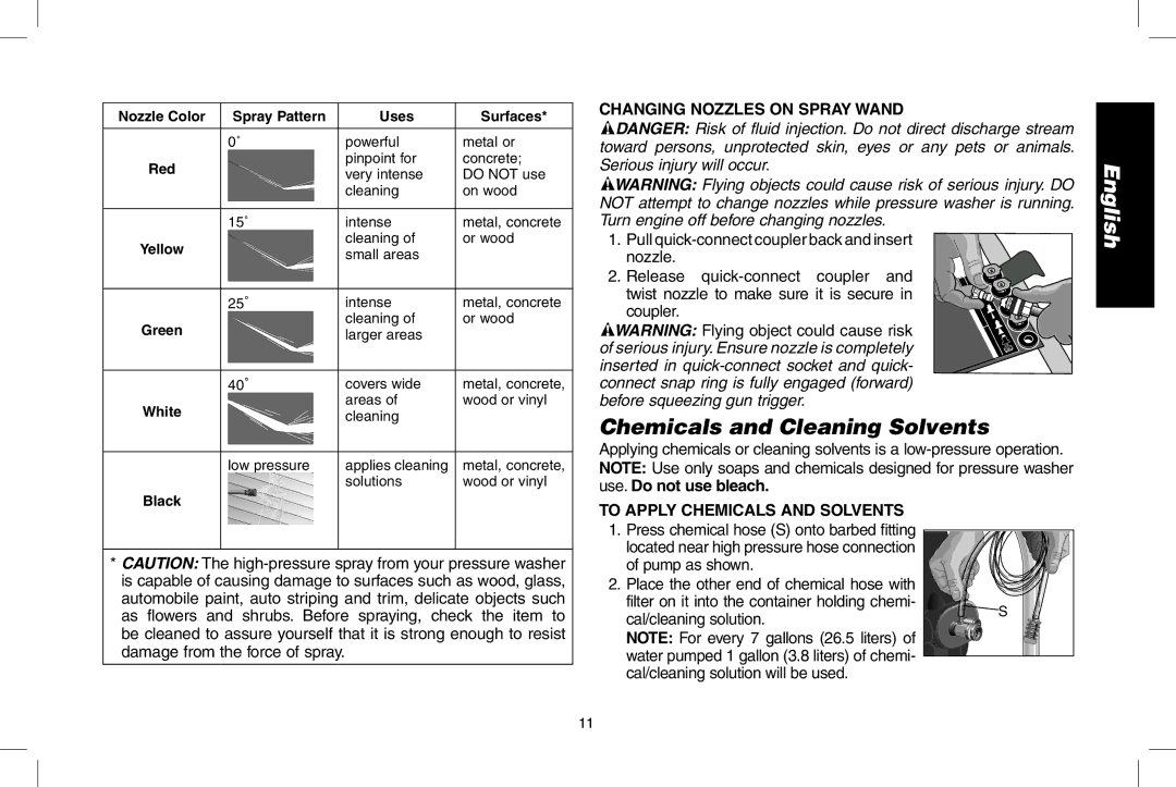 DeWalt DPD3100 Chemicals and Cleaning Solvents, Changing Nozzles on Spray Wand, To apply chemicals and solvents 