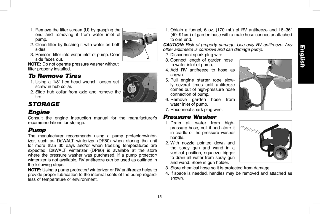 DeWalt DPD3100 To Remove Tires, STORAGE Engine Pump, Pressure Washer, Ly several times until anti­freeze­ 