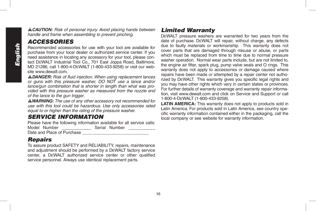 DeWalt DPD3100 instruction manual Accessories Service Information, Repairs, Limited Warranty, Date and Place of Purchase 