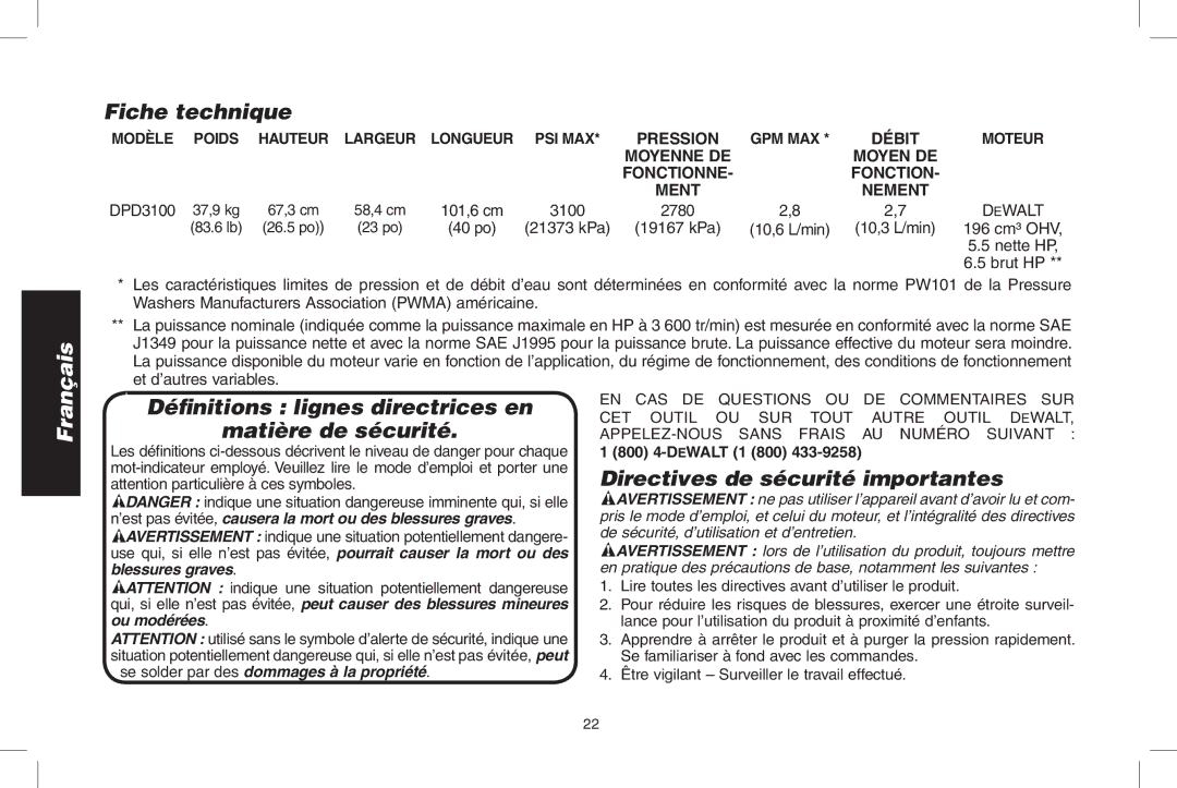 DeWalt DPD3100 Fiche technique, Définitions lignes directrices en Matière de sécurité, Directives de sécurité importantes 