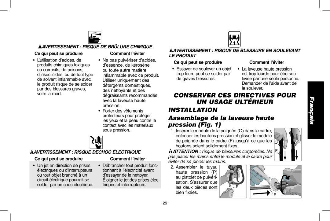 DeWalt DPD3100 instruction manual Assemblage de la laveuse haute pression Fig 