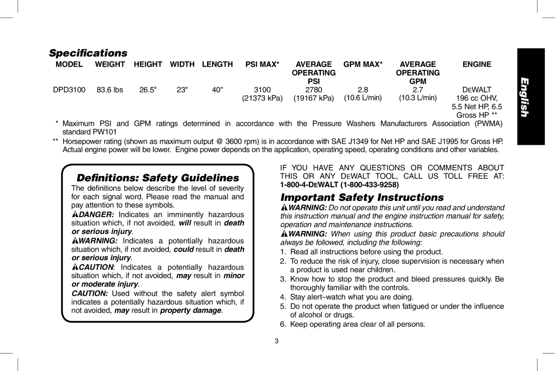 DeWalt DPD3100 instruction manual Specifications, Definitions Safety Guidelines, Important Safety Instructions 