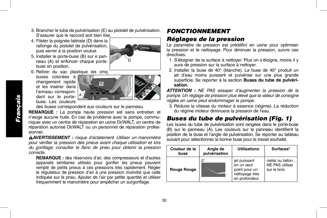 DeWalt DPD3100 instruction manual Fonctionnement, Réglages de la pression, Buses du tube de pulvérisation Fig 