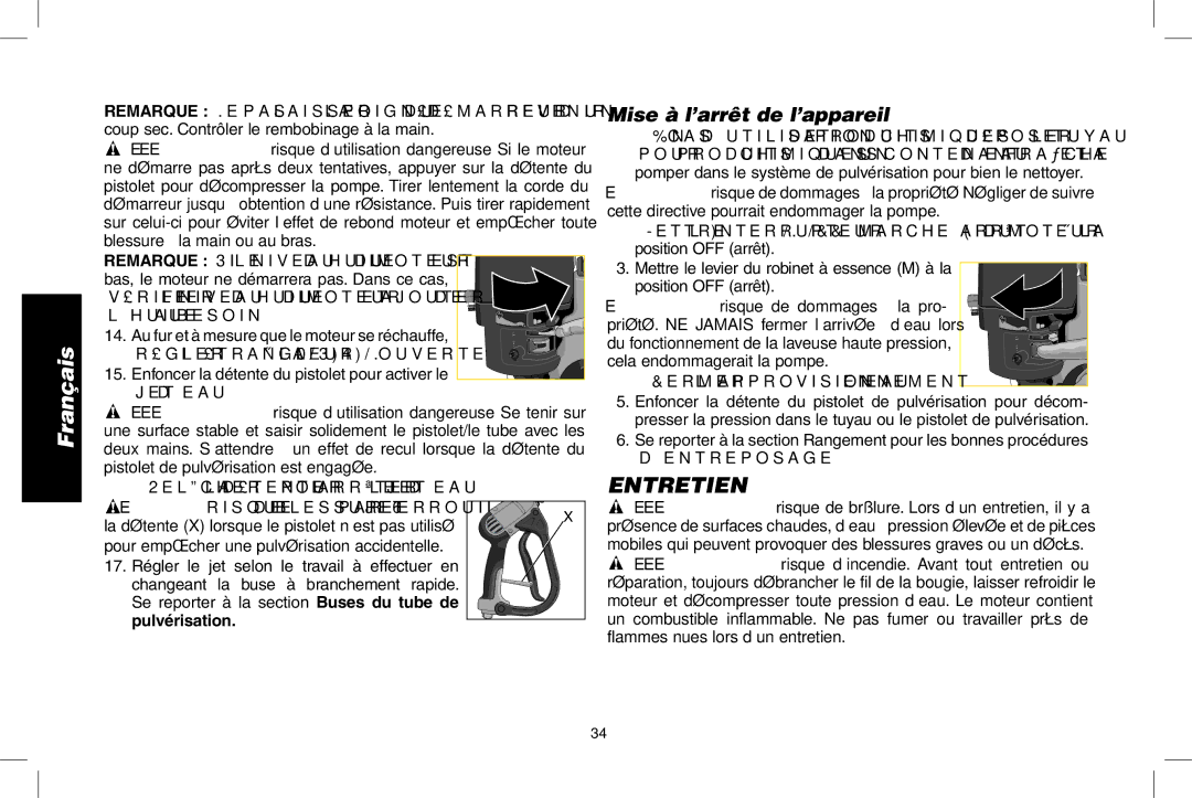 DeWalt DPD3100 instruction manual Entretien, Enfoncer la détente du pistolet pour activer le jet d’eau 