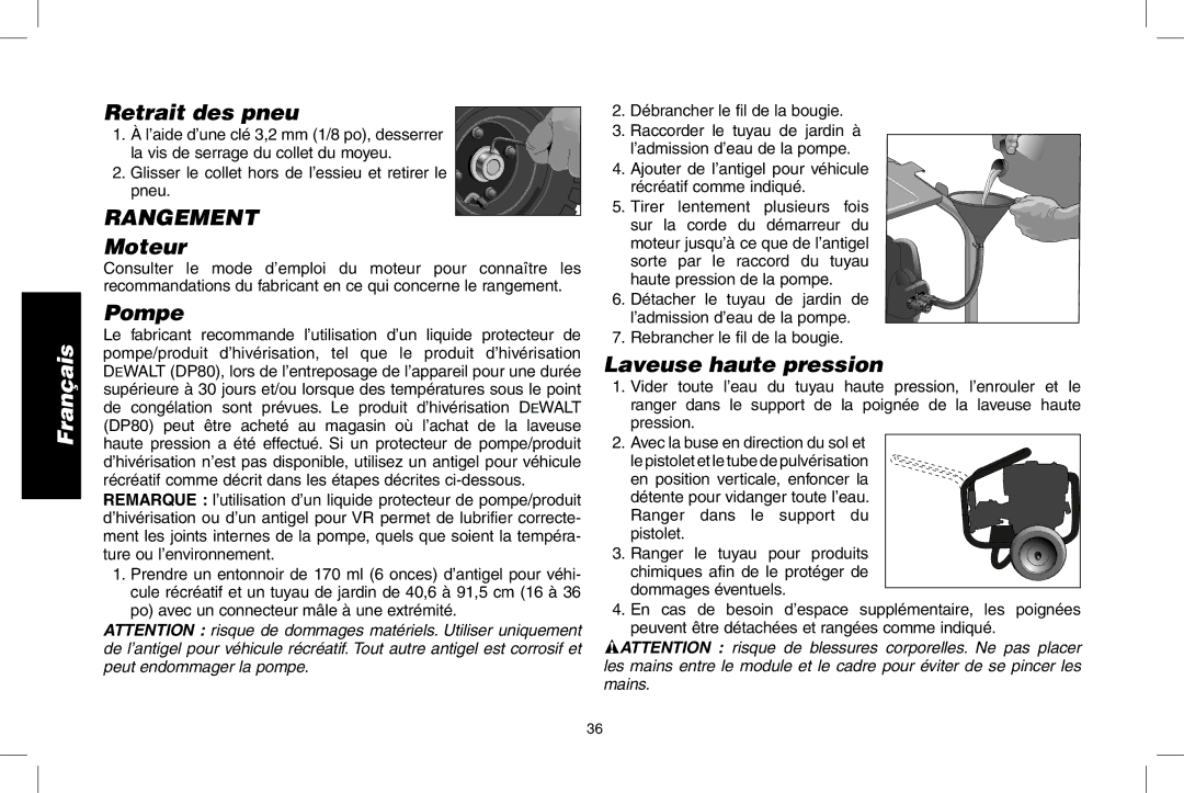 DeWalt DPD3100 Retrait des pneu, Rangement, Laveuse haute pression, Glisser le collet hors de l’essieu et retirer le pneu 