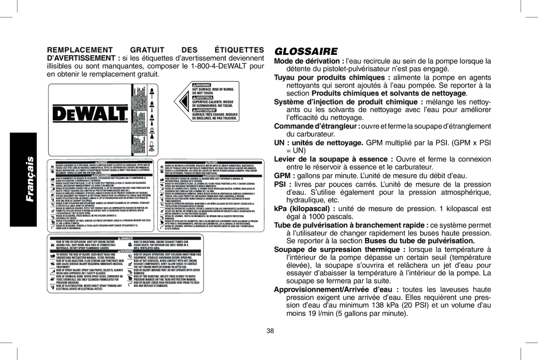 DeWalt DPD3100 Glossaire, ’utilisateur de changer rapidement les buses haute pression, Moins 19 l/min 5 gallons par minute 