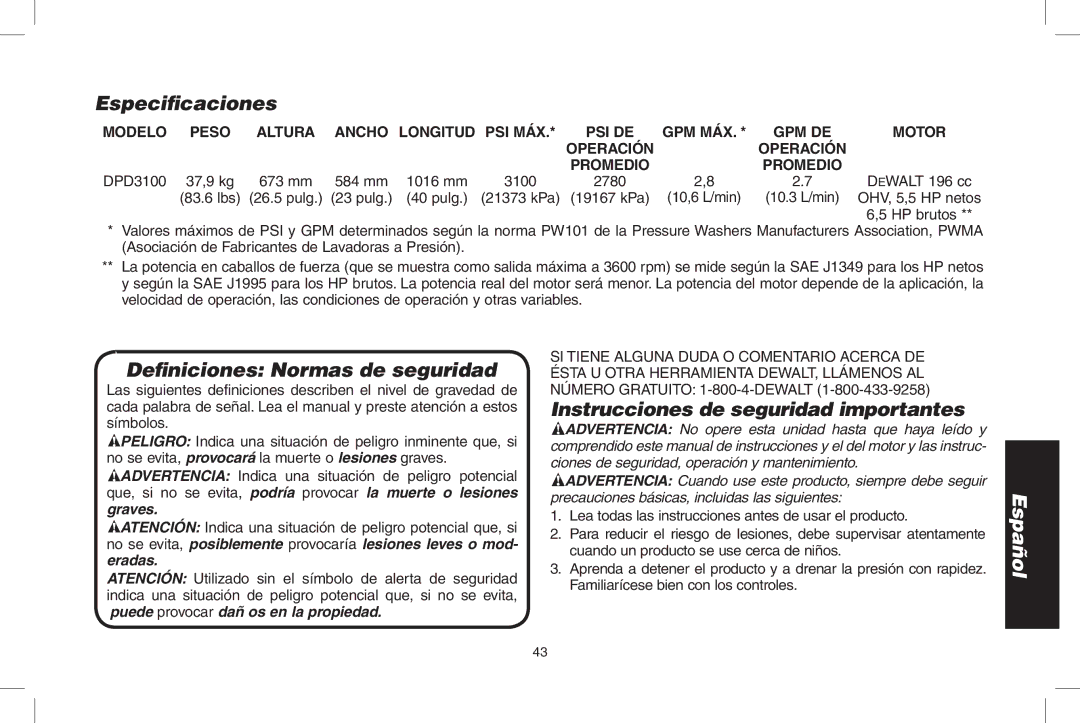 DeWalt DPD3100 Especificaciones, Definiciones Normas de seguridad, Instrucciones de seguridad importantes 