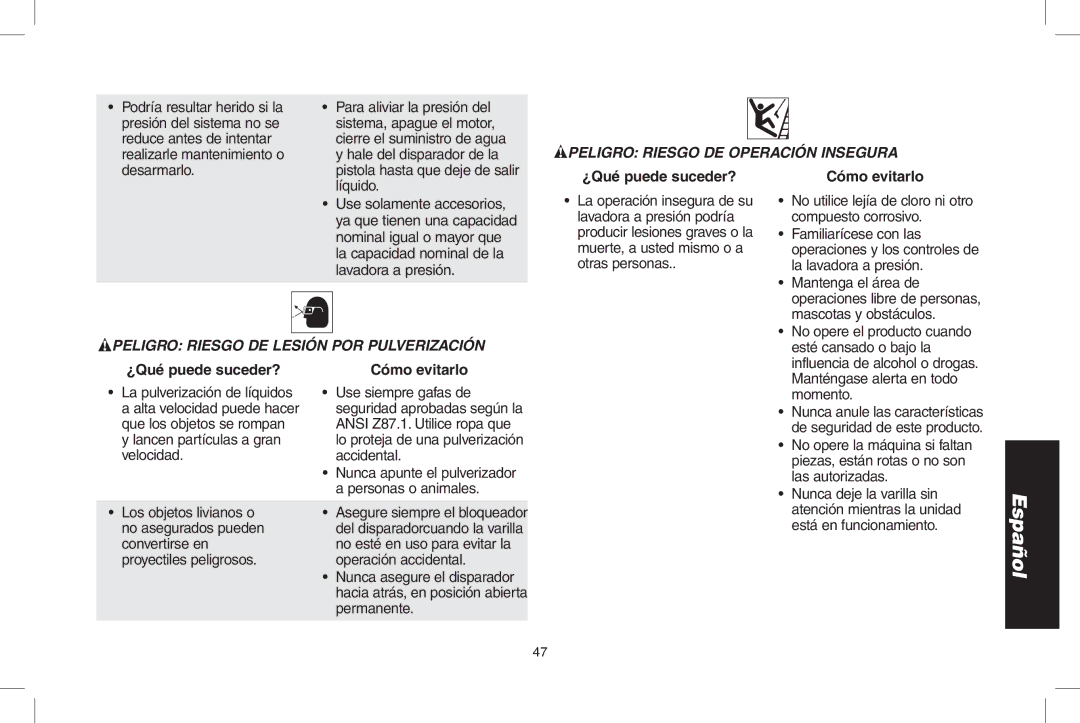 DeWalt DPD3100 instruction manual Peligro Riesgo de operación insegura 