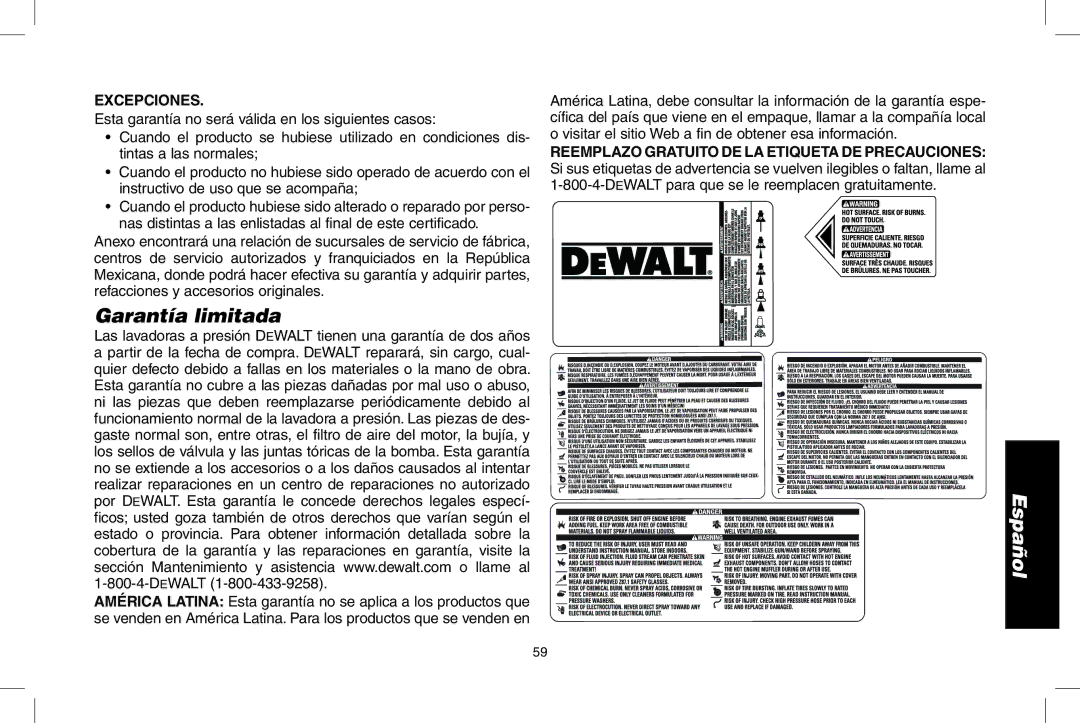 DeWalt DPD3100 instruction manual Garantía limitada, Excepciones 