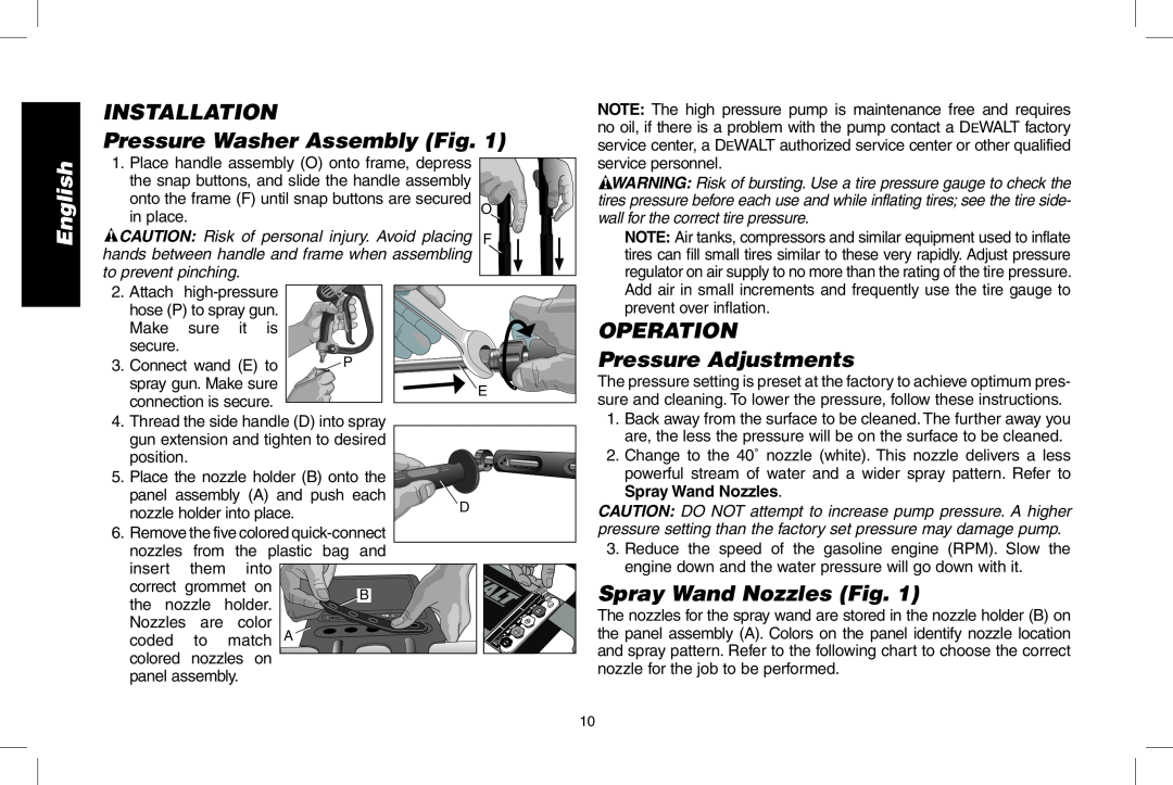 DeWalt DPD3100 INSTALLATION Pressure Washer Assembly Fig, OPERATION Pressure Adjustments, Spray Wand Nozzles Fig, English 