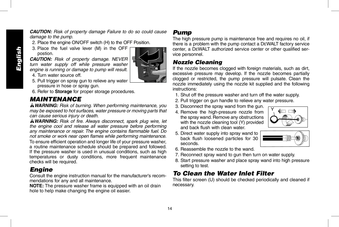 DeWalt DPD3100 instruction manual Maintenance, Pump, To Clean the Water Inlet Filter, Nozzle Cleaning, English, Engine 