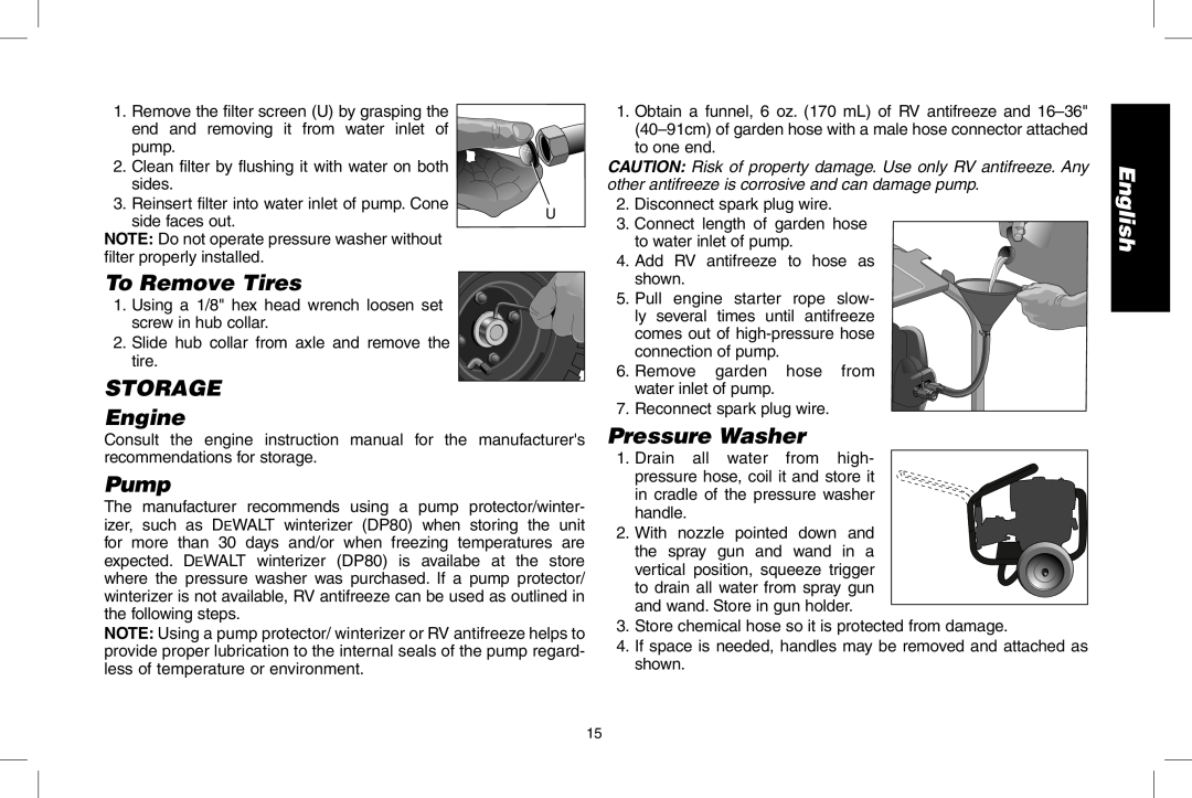 DeWalt DPD3100 instruction manual To Remove Tires, sTORAGE Engine, Pressure Washer, Pump, English 