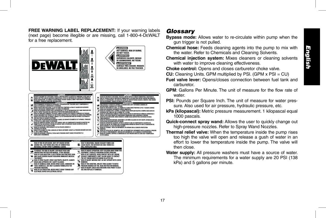 DeWalt DPD3100 instruction manual Glossary, English 