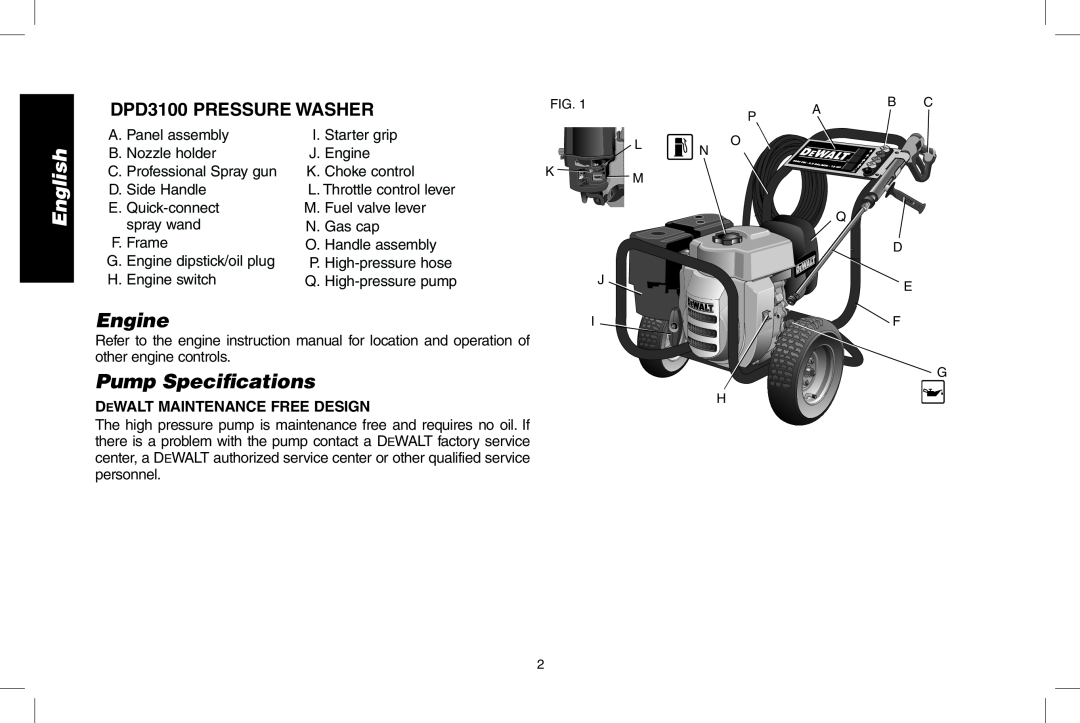 DeWalt instruction manual English, Engine, Pump Specifications, DPD3100 Pressure Washer, DeWALT MAINTENANCE FREE desiGN 