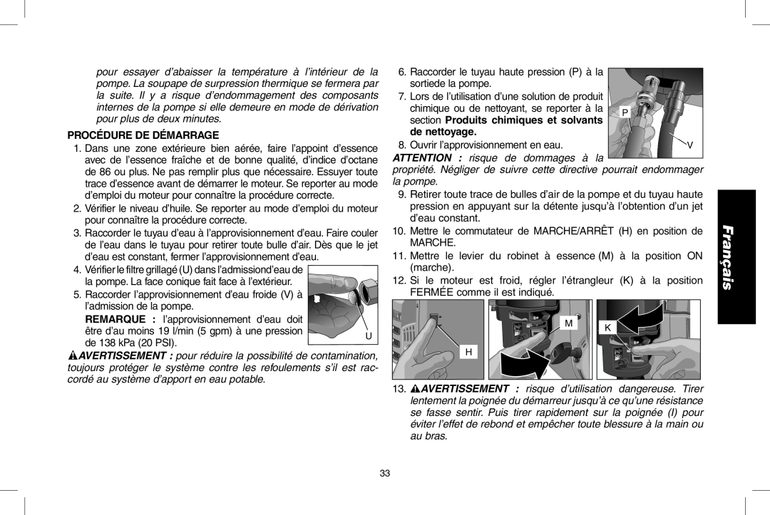 DeWalt DPD3100 instruction manual Procédure De Démarrage, section Produits chimiques et solvants, de nettoyage, Français 