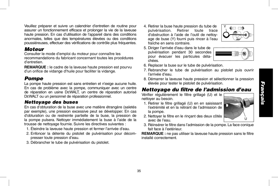 DeWalt DPD3100 instruction manual Moteur, Pompe, Nettoyage du filtre de l’admission d’eau, Nettoyage des buses, Français 