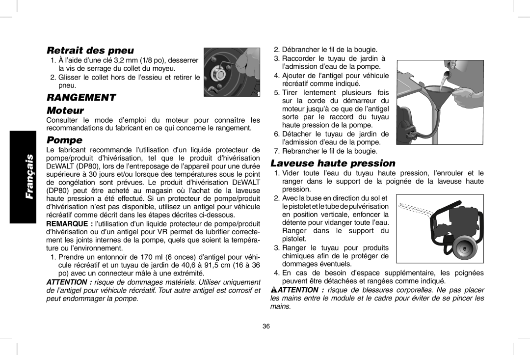DeWalt DPD3100 instruction manual Retrait des pneu, RANGEMENT Moteur, Laveuse haute pression, Français, Pompe 