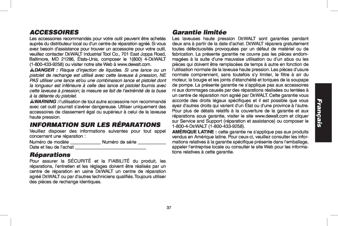 DeWalt DPD3100 instruction manual Accessoires, Information Sur Les Réparations, Garantie limitée, Français 