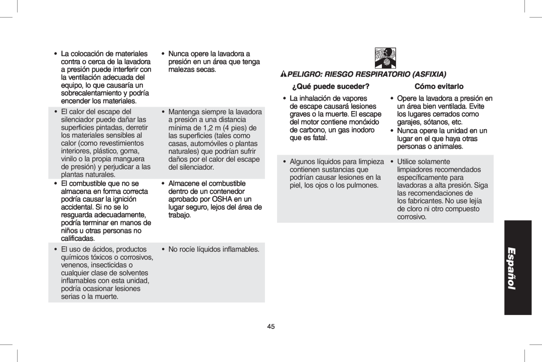 DeWalt DPD3100 instruction manual PELIGRO RIESGO RESPIRATORIO asfixia, Español, ¿Qué puede suceder?, Cómo evitarlo 