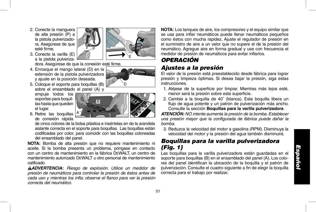 DeWalt DPD3100 instruction manual OPERACIÓN Ajustes a la presión, Boquillas para la varilla pulverizadora Fig, Español 