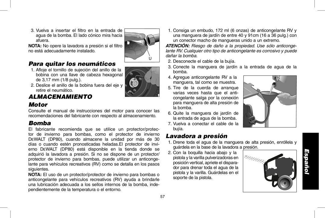 DeWalt DPD3100 instruction manual Para quitar los neumáticos, ALMACENAMIENTO Motor, Lavadora a presión, Bomba, Español 