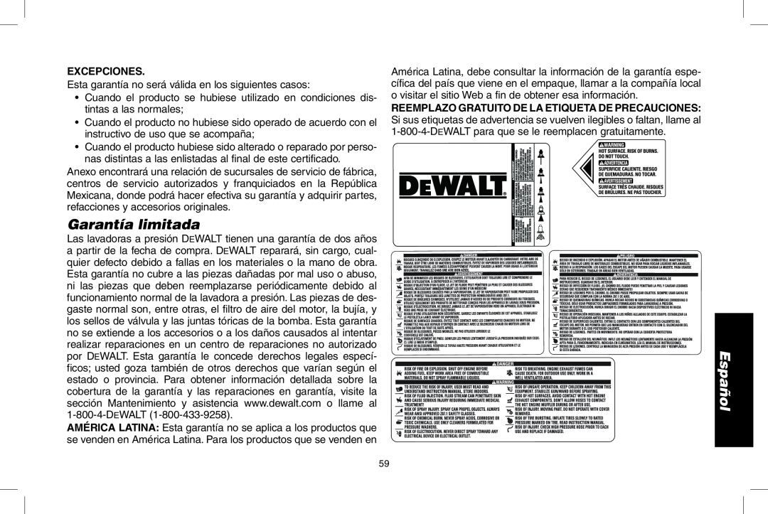 DeWalt DPD3100 instruction manual Garantía limitada, Excepciones, Español 