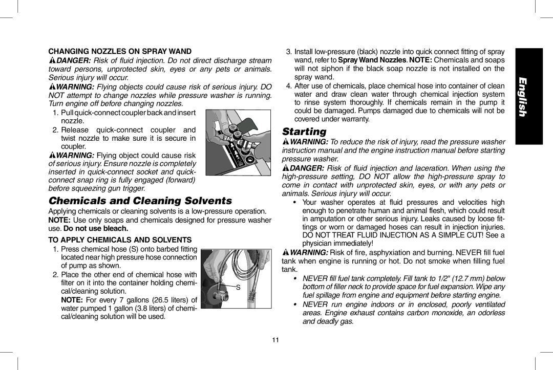 DeWalt DPH3100 Chemicals and Cleaning Solvents, Starting, Changing Nozzles on Spray Wand, To apply chemicals and solvents 