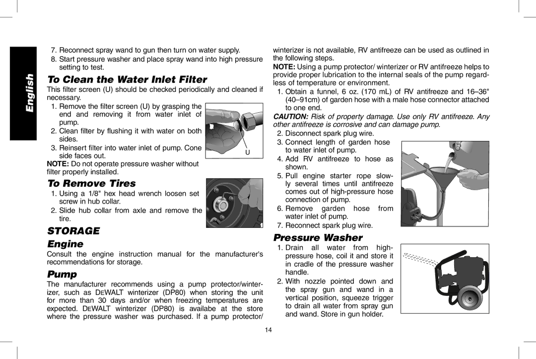 DeWalt DPH3100 instruction manual To Clean the Water Inlet Filter, To Remove Tires, STORAGE Engine Pump, Pressure Washer 