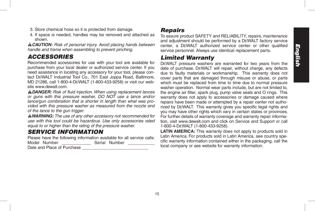 DeWalt DPH3100 instruction manual Accessories Service Information, Repairs, Limited Warranty, Date and Place of Purchase 