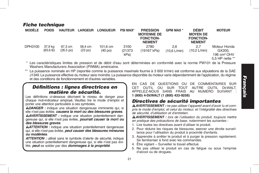 DeWalt DPH3100 Fiche technique, Définitions lignes directrices en Matière de sécurité, Directives de sécurité importantes 