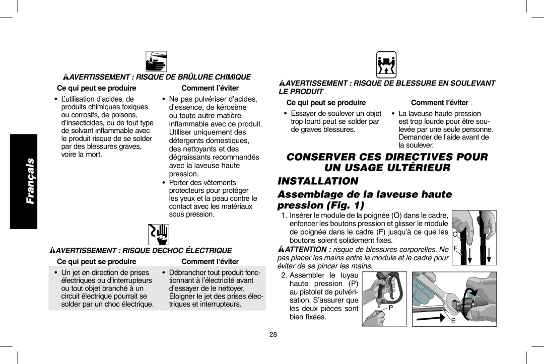 DeWalt DPH3100 instruction manual Assemblage de la laveuse haute pression Fig 