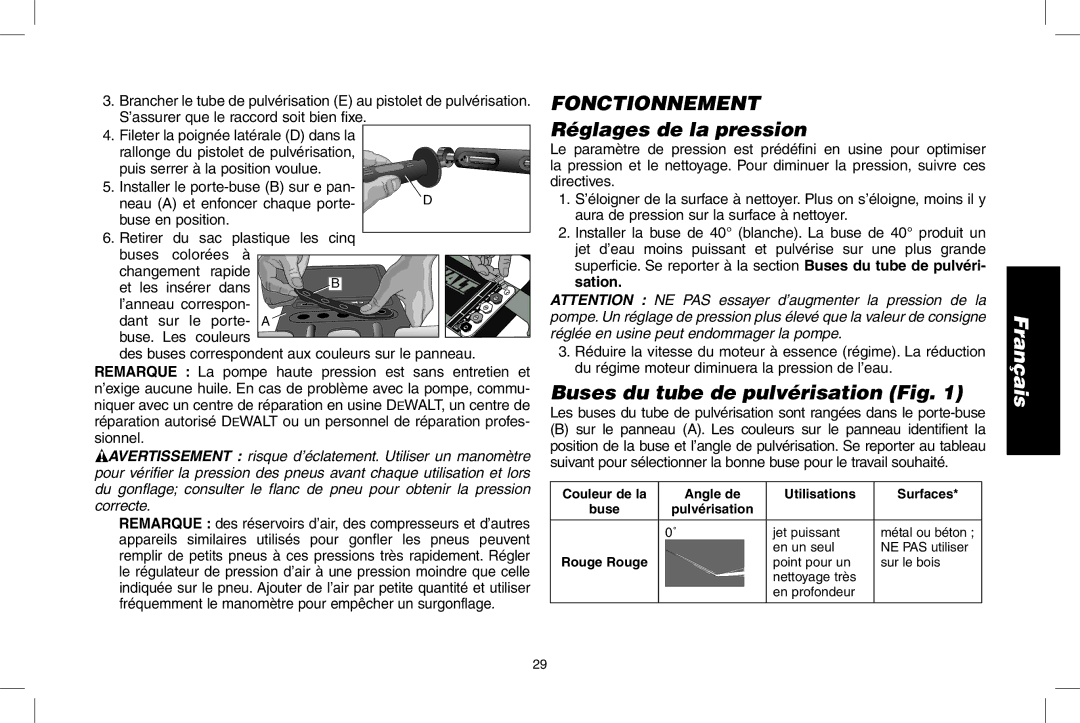 DeWalt DPH3100 instruction manual Fonctionnement, Réglages de la pression, Buses du tube de pulvérisation Fig 