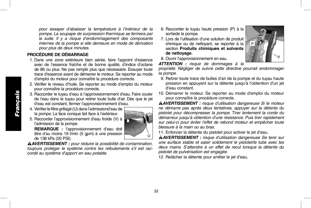 DeWalt DPH3100 instruction manual Procédure DE Démarrage, Section Produits chimiques et solvants De nettoyage 