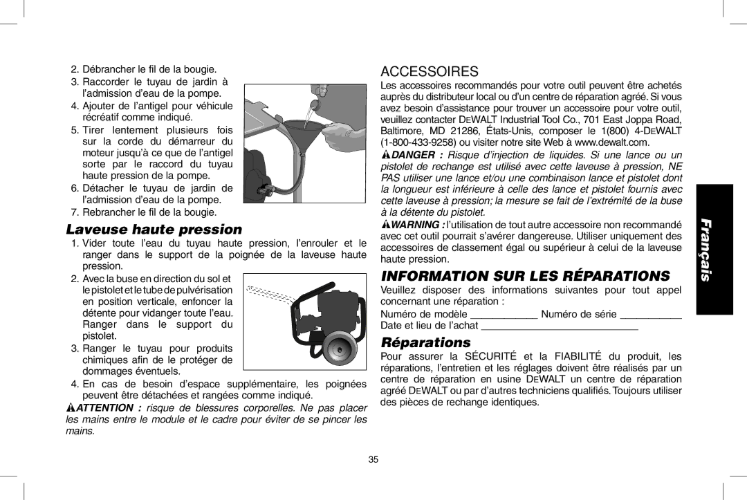 DeWalt DPH3100 instruction manual Laveuse haute pression, Accessoires Information SUR LES Réparations 