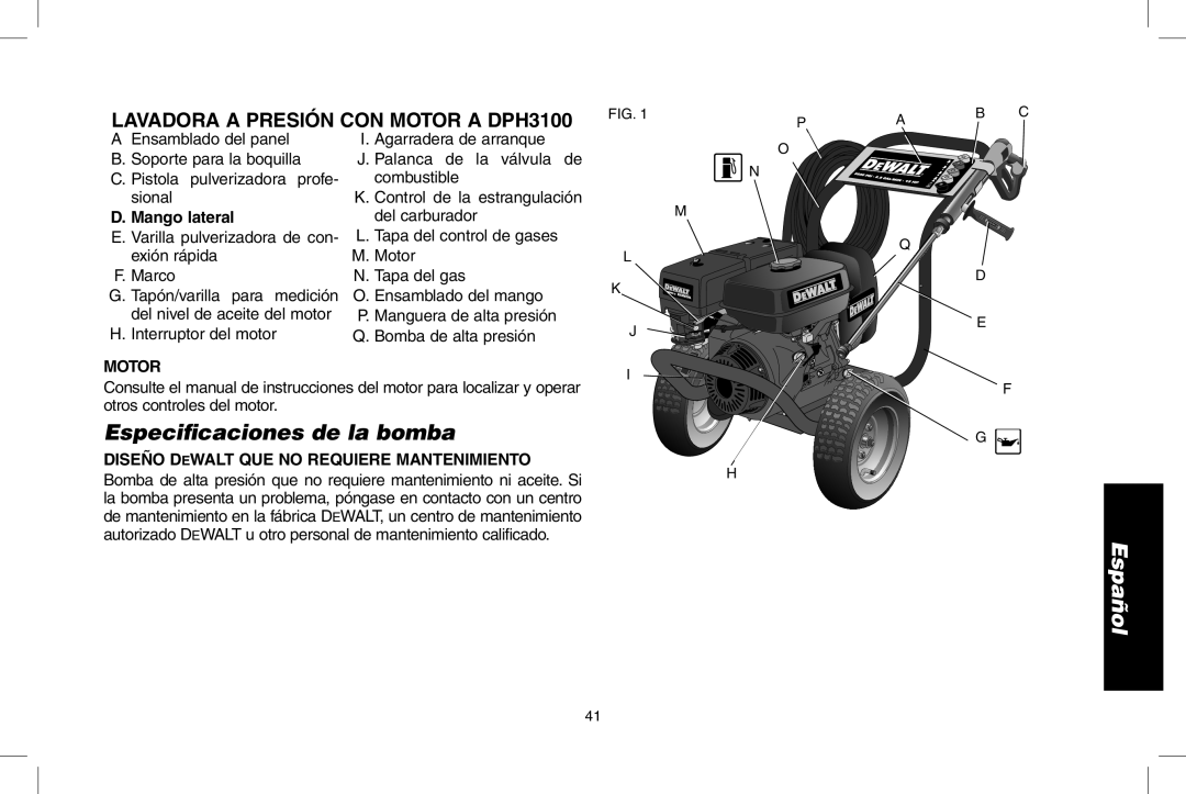 DeWalt DPH3100 instruction manual Especificaciones de la bomba, Pistola pulverizadora profe- sional, Mango lateral, Motor 