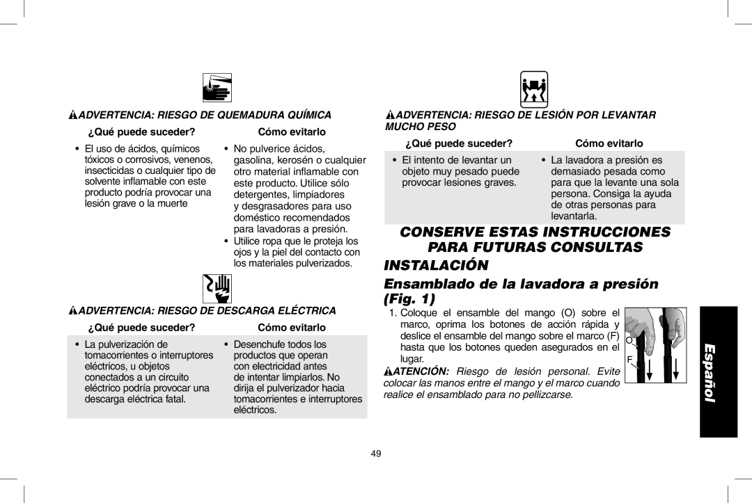 DeWalt DPH3100 instruction manual Ensamblado de la lavadora a presión Fig, Advertencia Riesgo de quemadura química 