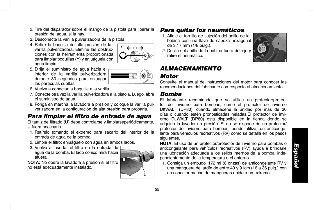 DeWalt DPH3100 instruction manual Para limpiar el filtro de entrada de agua, Para quitar los neumáticos, Almacenamiento 