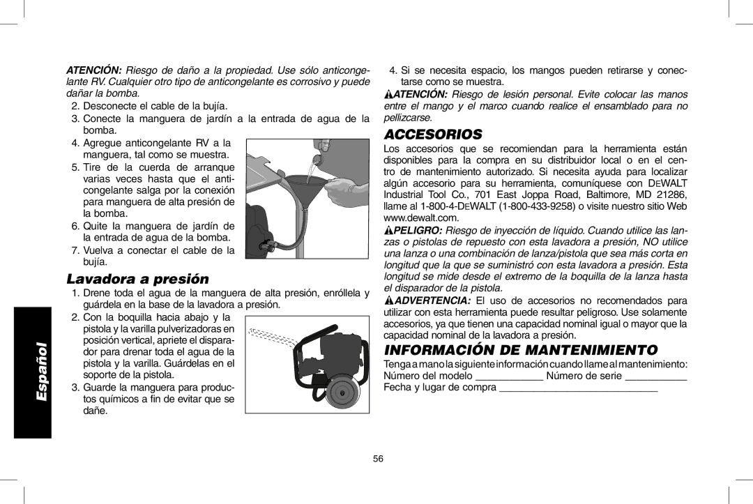 DeWalt DPH3100 instruction manual Lavadora a presión, Accesorios, Información DE Mantenimiento, Fecha y lugar de compra 