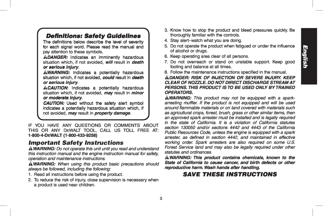 DeWalt DPH3100 Definitions Safety Guidelines, Important Safety Instructions, Save these instructions, DeWALT, English 