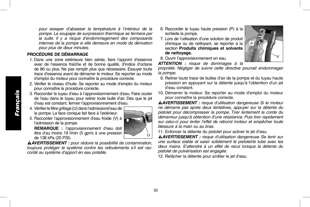 DeWalt DPH3100 instruction manual Procédure De Démarrage, section Produits chimiques et solvants, de nettoyage, Français 