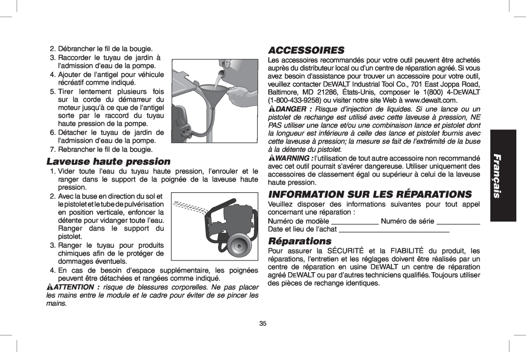 DeWalt DPH3100 instruction manual Laveuse haute pression, Accessoires, Information Sur Les Réparations, Français 